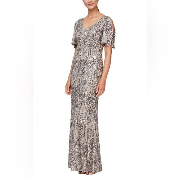 Alex Evenings Dresses & Skirts - Alex Evenings V-Neck A-Line Sequin Dress with Cold Shoulder Flutter Sleeve - NWT